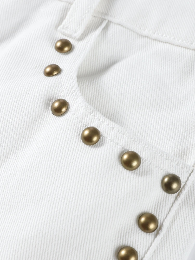 Trendy Womens White Denim Jeans High Waist Straight Leg Baggy Pant With Gold Bead Studs Female Casual Chic Streetwear Trousers Z260313