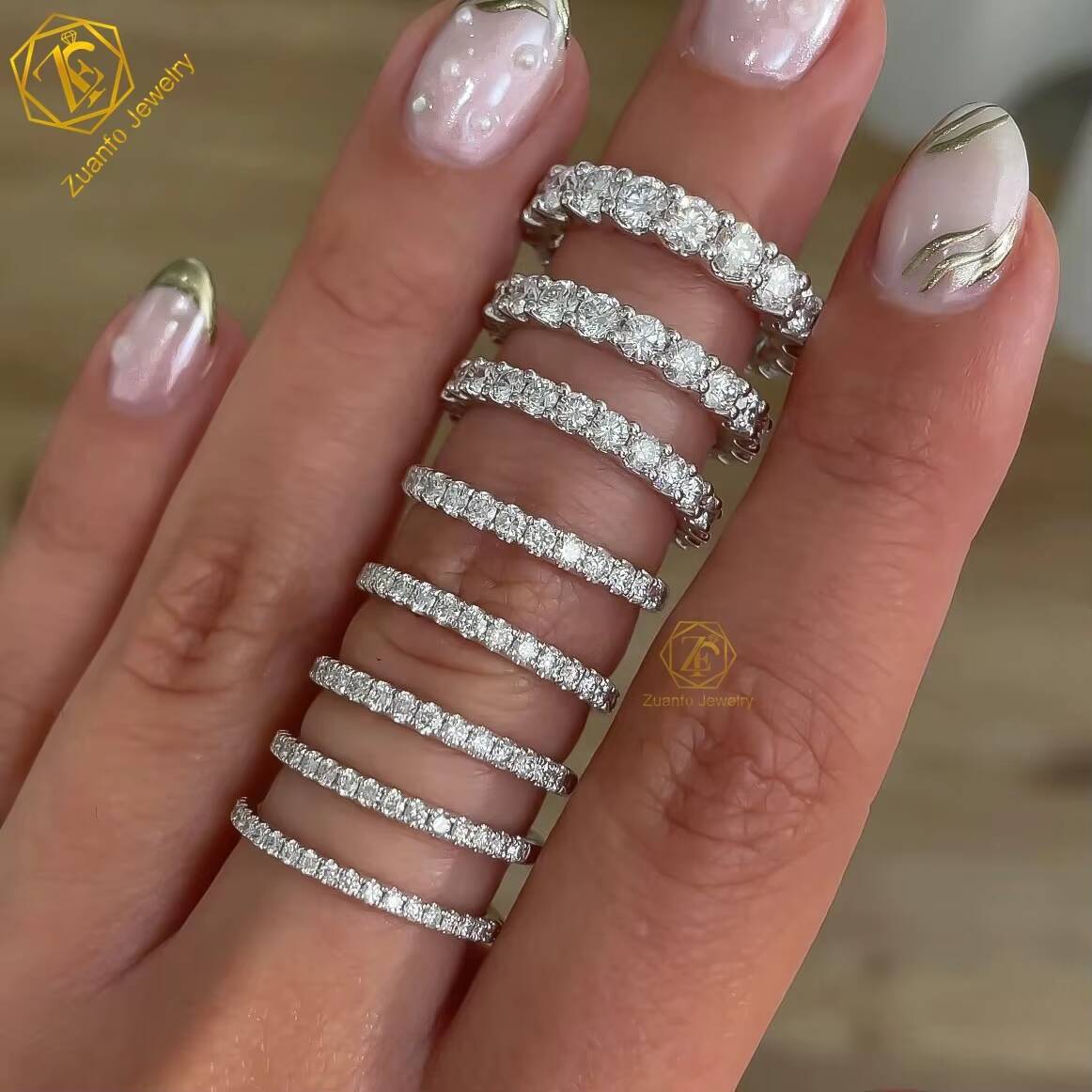 Luxury Womens Eternity Engagement Wedding Ring 1.6MM-3.5MM D VVS Moissanite 14K 18K Gold Iced Out
