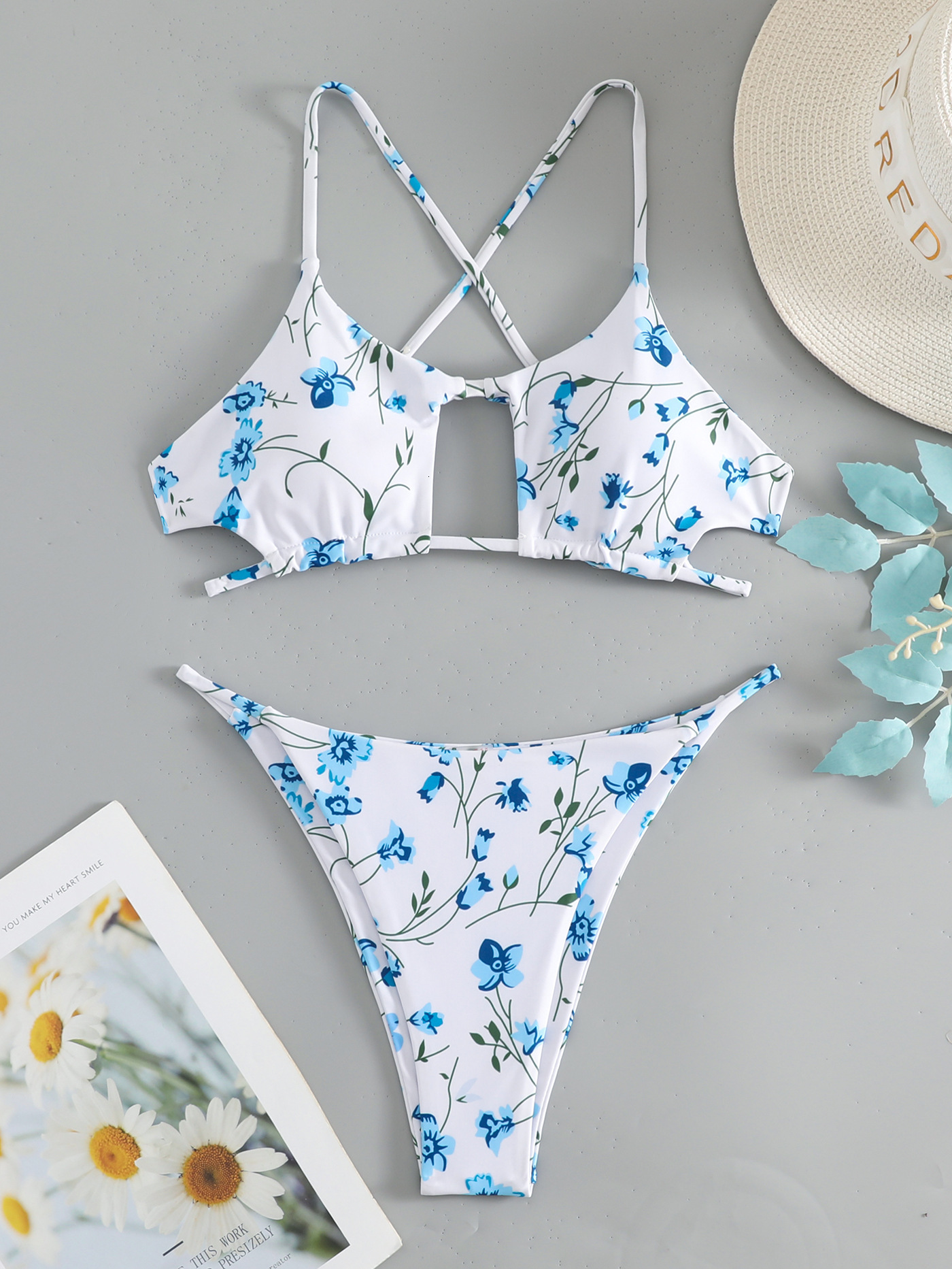 Summer New Floral Lace-up Hollow Swimsuit Fashion High-end Womens Swimsuit