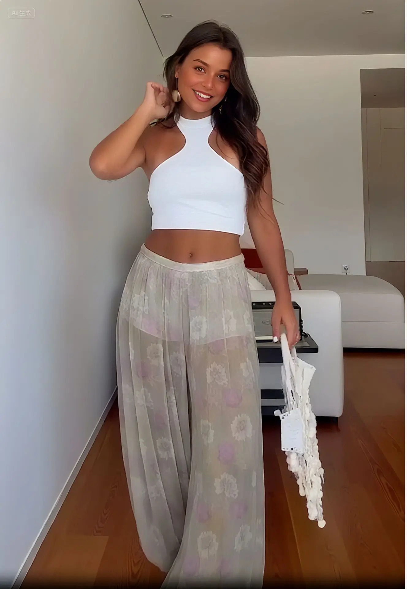 Women Floral Print See Though Wide Leg Trousers Summer Casual Pleated Loose Bloomers Female Holiday Beach Long Pants Z260314