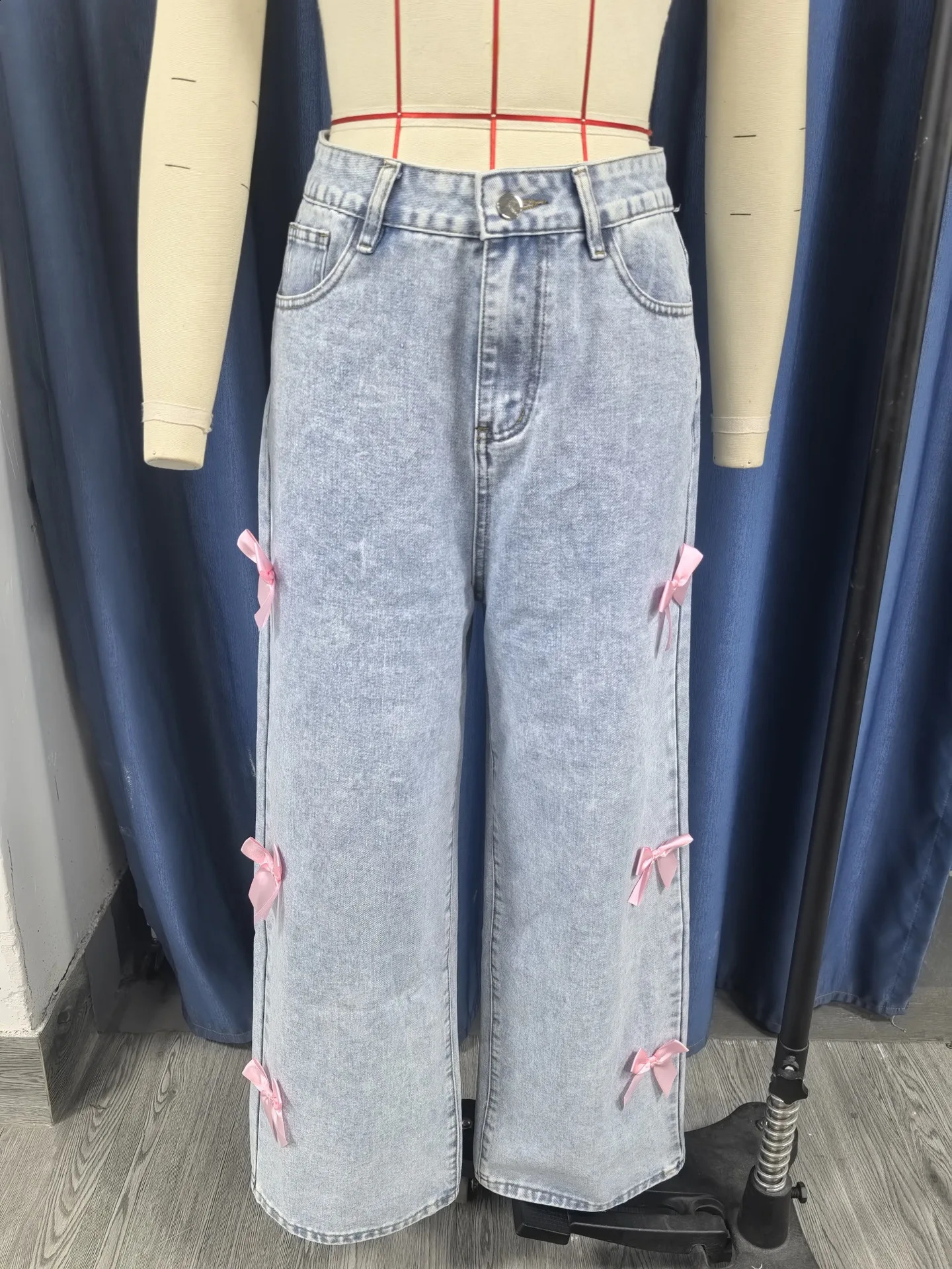 Women Jeans Wide Leg Pants Bow Washed High Waist Strtwear Denims Distressed Vintage Straight Ankle Length Trousers Z260313