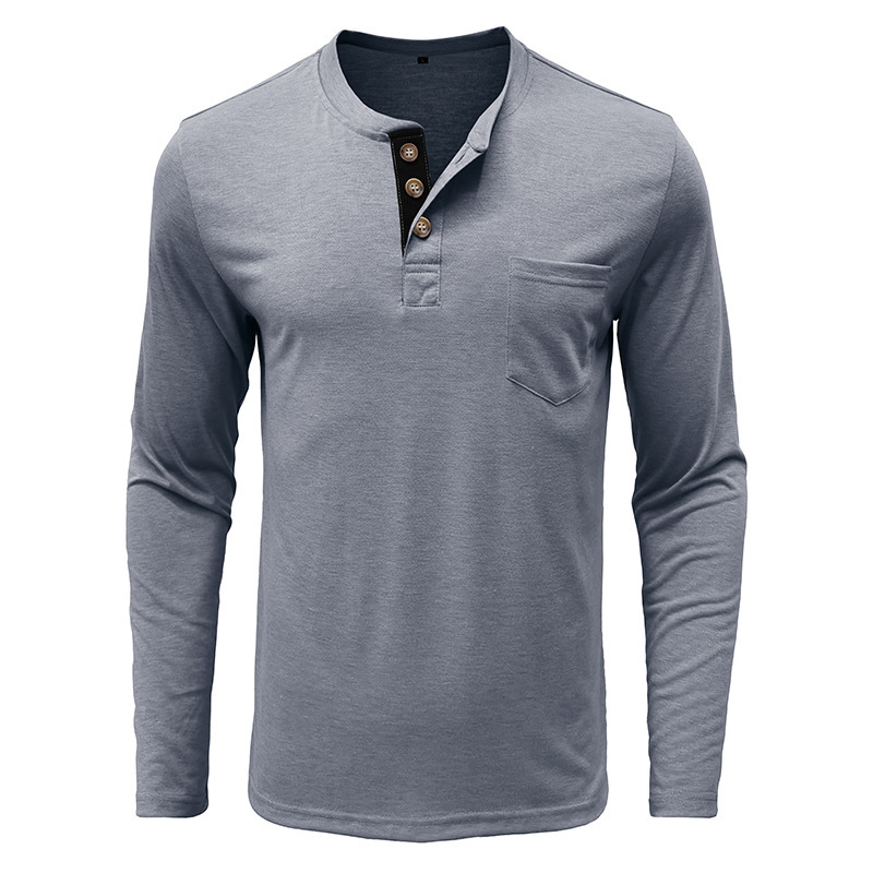 Men's Henley Long Sleeve Shirt, Light Brown Casual Cotton Tee with Chest Pocket