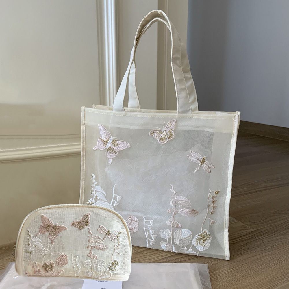 Designer Mesh Lace Embroidery Butterfly Shoulder Tote Bag & Cosmetic Bag Storage Bag VIP Gift Lipstick Organizer Clutch Holder for Travelling Toiletry Shopping