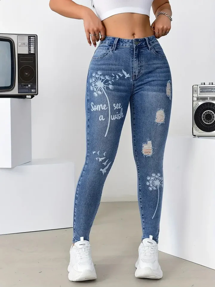 Womens High Waisted Stretch Trousers Slim Fit Jeans Print Flower Pattern Wide Leg Pants For Casual Fashion Outings Clothing Z260313