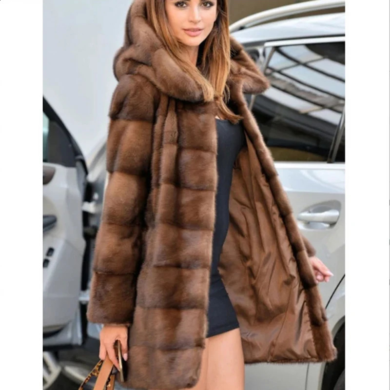 Womens mink fur coat medium long hooded coat fur plus size casual winter warm loose 250823