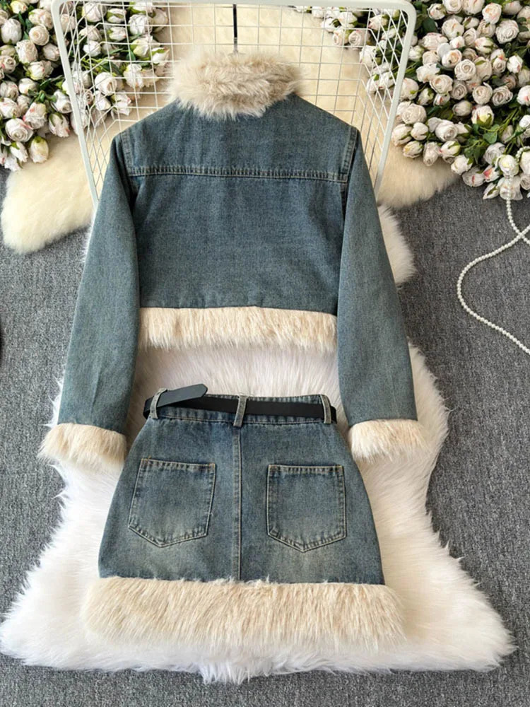 Denim Skirt Sets Women Fur Collar Vintage Jackets Cropped Coat Fashion Pockets Jean Skirt 2 Piece Sets Womens Outifits 250823
