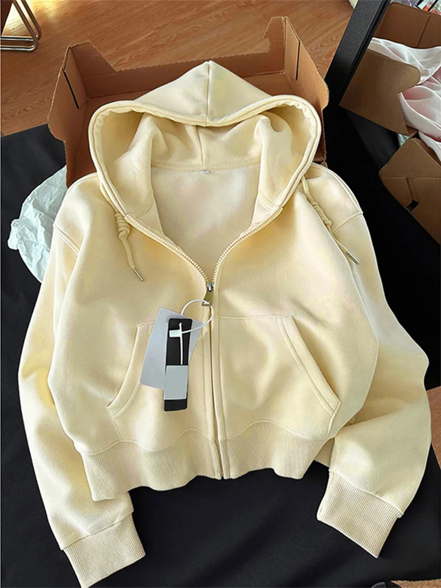 Early Autumn Chic Casual Hoodie Jackets Slim Fit Long Sleeve Cropped Top Zipup Warm Cardigan Korean Style Hooded Sweatshirt 250822