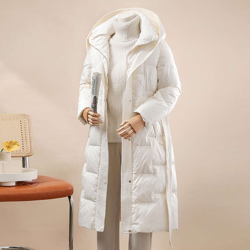 Over-the-Knee White Duck Down Jacket for Women, Long High-End Winter New Fashion Slim Waist Tie Slimming Warm Coat Trendy