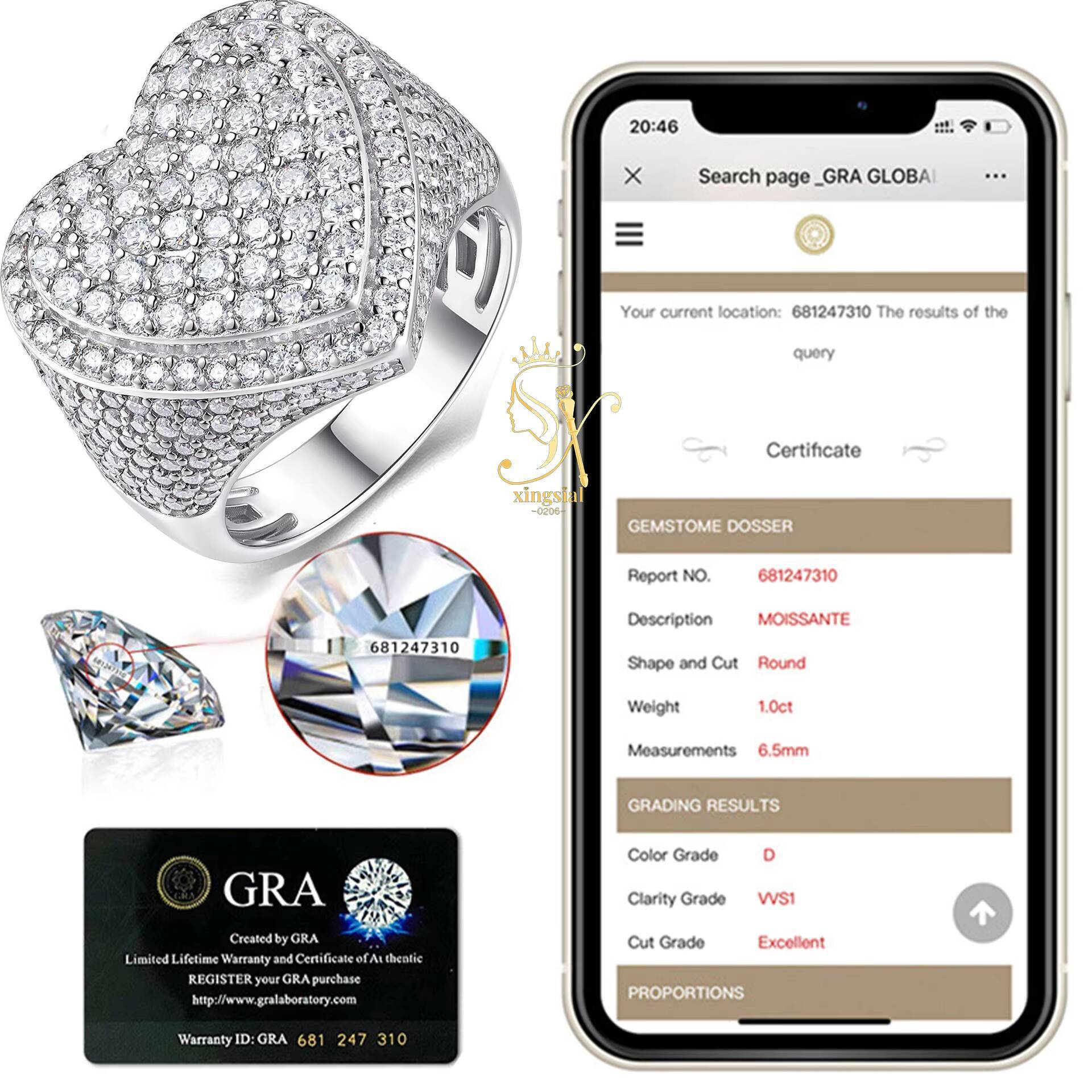 Pass Diamond Tester GRA Heart Ring 925 Sterling Silver Fully Iced Out VVS Diamond Ring Custom Hiphop Moissanite Luxury Ring