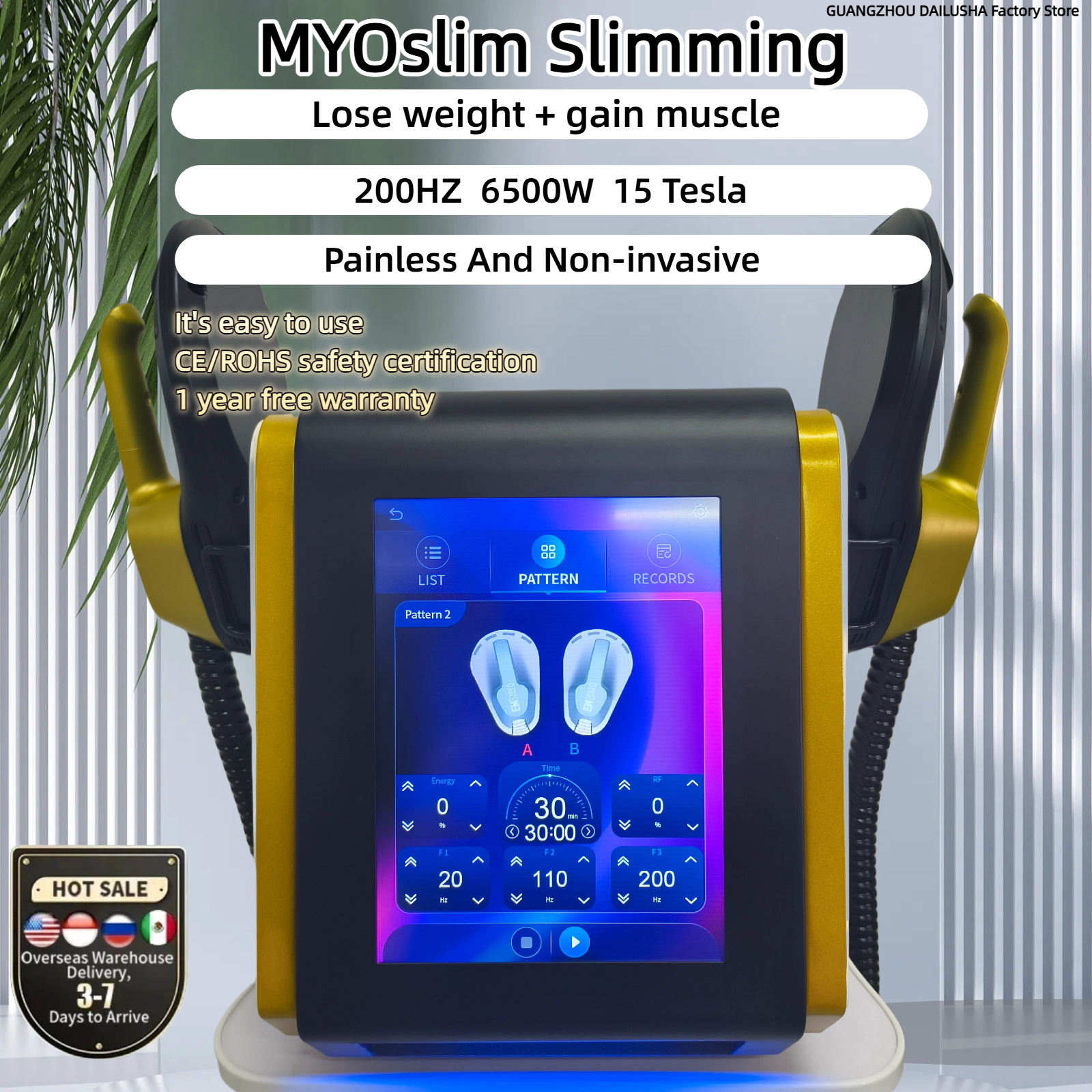 EMS MYOslim Electro Magnetic Stimulation Body Sculpting and Muscle Building Machine Reduce Fat 20,000 Muscle Exercises In 30 Minutes 2 Handles RF Mach