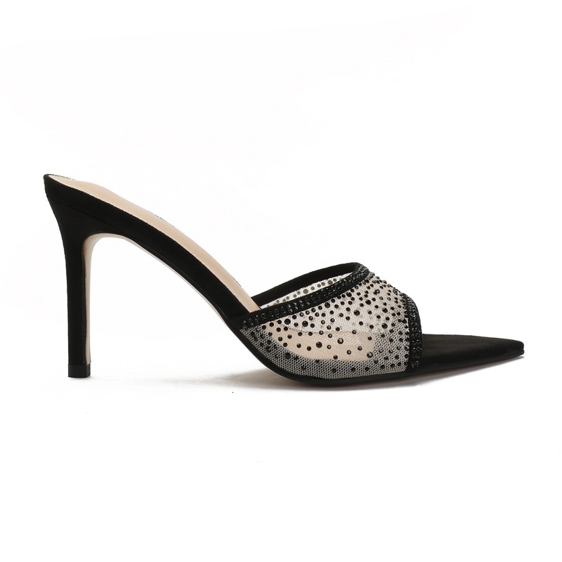 Designer 2025 Summer New Style One-Strap Thin Heel High Heel Slippers for Women Suede Pointed Toe Fashionable Outdoor Sandals 15