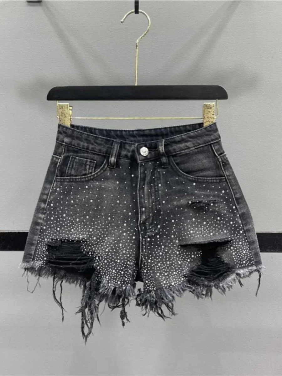 American Style Rhinestone Denim Shorts Women Summer High Waist Hole Raw Edge Pants Sexy Slim All-matched Short Jeans 250822
