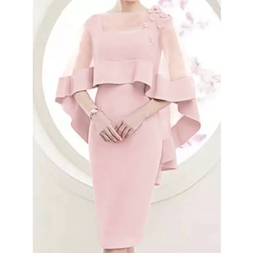 Pink Sheath Knee Lengh Mother Of The Bride Dresses With Short Wrap 2025 Elegant Satin Wedding Guest Dress Women Evening Formal Gown