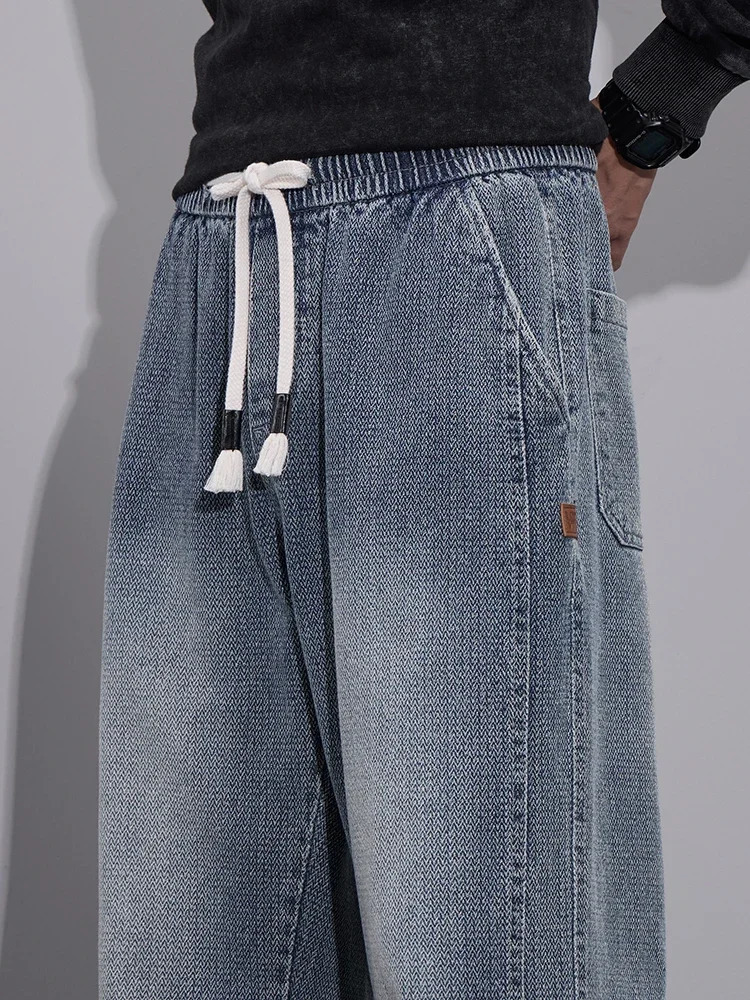 Spring Baggy Wide Leg Jeans Mens Elastic Waist Textured Fabric Jogging Pants Fashion Korean Streetwear Casual Loose Trousers 250819
