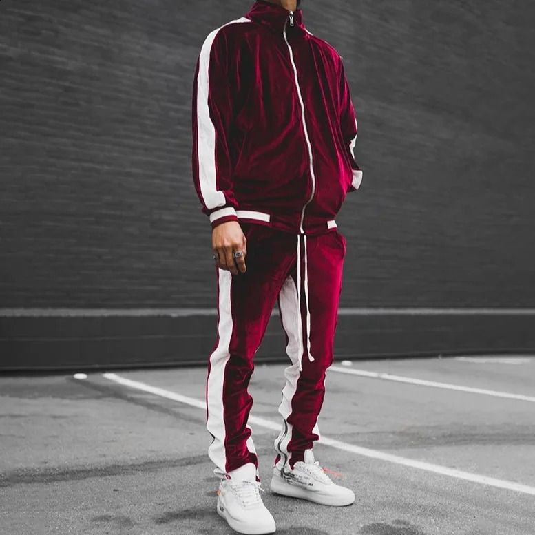 2025 Cross Border Mens Velvet Tracksuit Solid Color Contrast Trim Retro Casual Jacket Set 250822