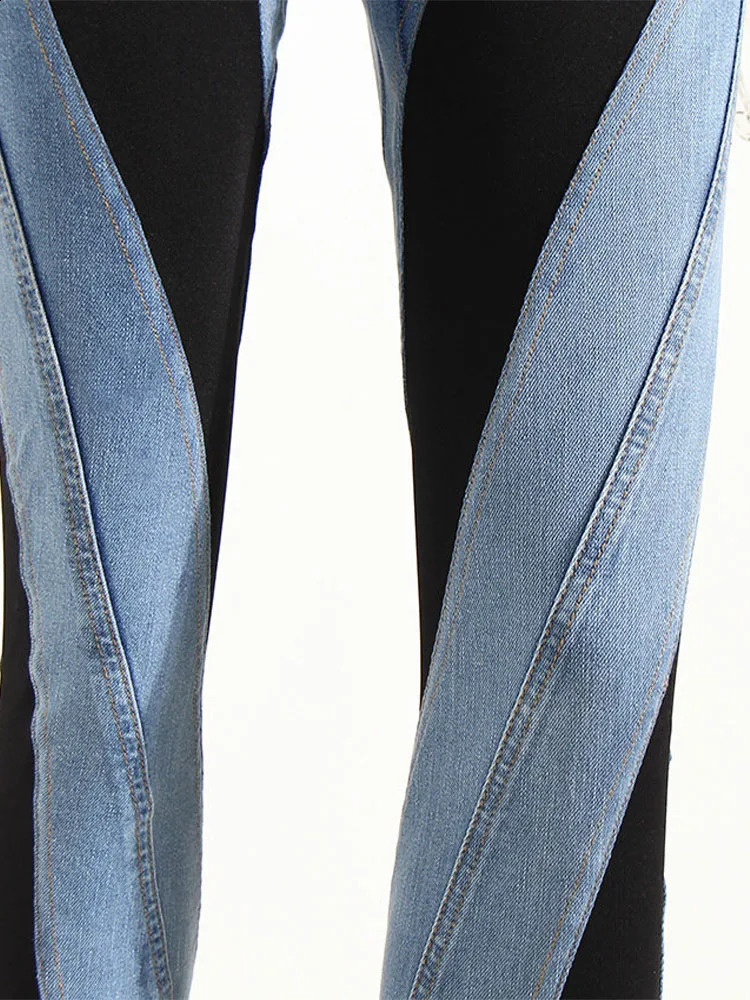 Fashion ner Color Block Womens Jeans Slim Deconstruct Panelled Patchwork High Waist Split Blue Long Denim Pants Autumn 250823