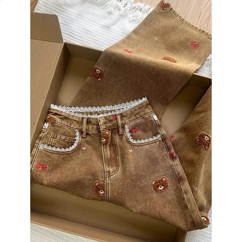 Lace Teddy Bear ed Patchwork n Wide leg Jeans Spring High Waisted fit Slimming Casual for Commuting Z260313