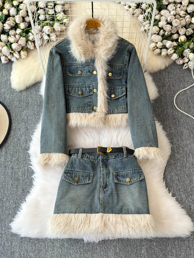 Denim Skirt Sets Women Fur Collar Vintage Jackets Cropped Coat Fashion Pockets Jean Skirt 2 Piece Sets Womens Outifits 250823