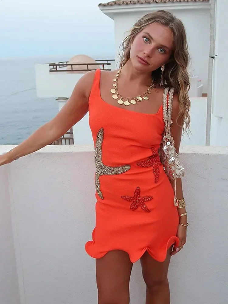 Fashion Square Neck Sequin Starfish Printing Slimming Dresses Women Sexy Sleeveless High Waist Dresses Summer Beach Dresses 250823