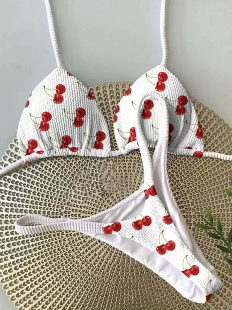2024 brazilian bikini women suit beach fashion sexy thong swimsuit cute cherry print 250822