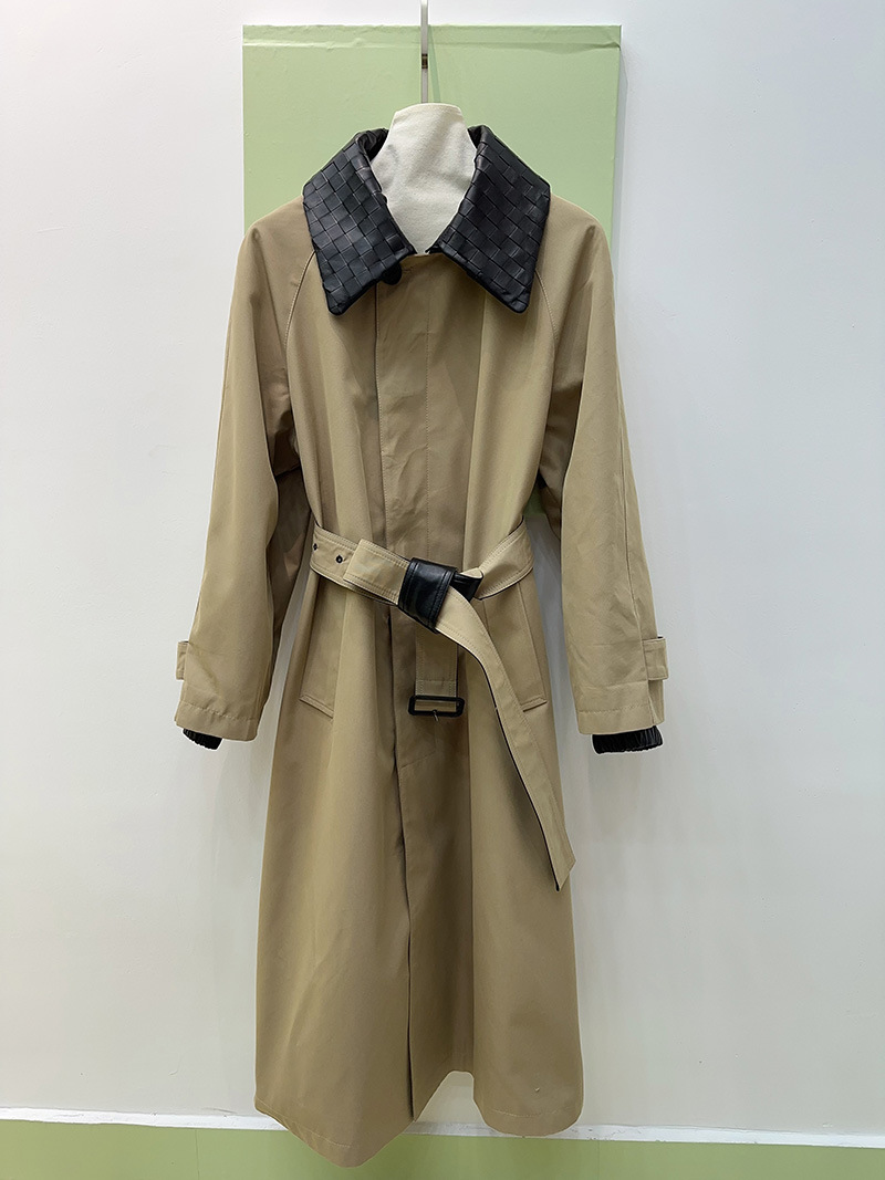 25 early autumn contrasting splicing genuine leather lambskin woven lapel b single breasted mid length windbreaker