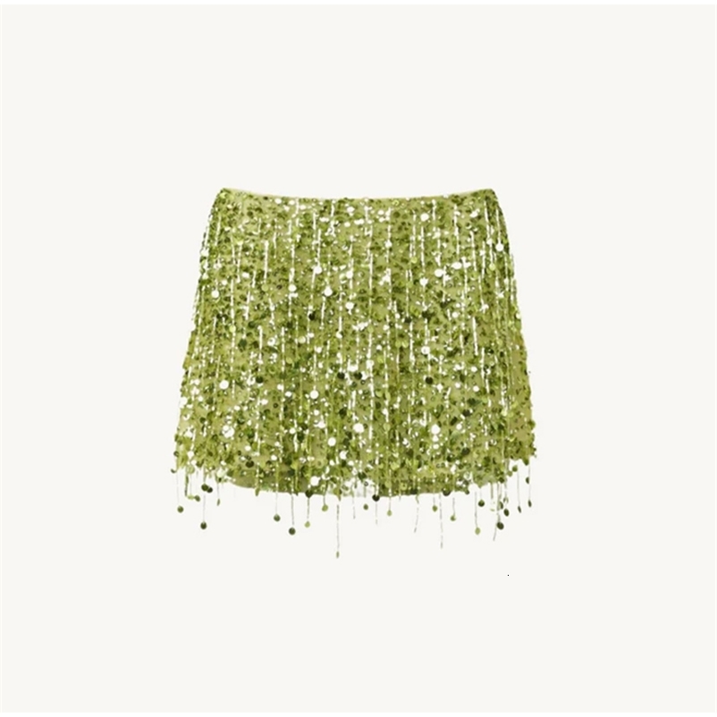 Tassel Sequined Short Tops Skirts Sets Women Green Sling Crop Vest Glitters High Waist Mini Skirt Sexy Club Lady 2 Pieces Set 250823