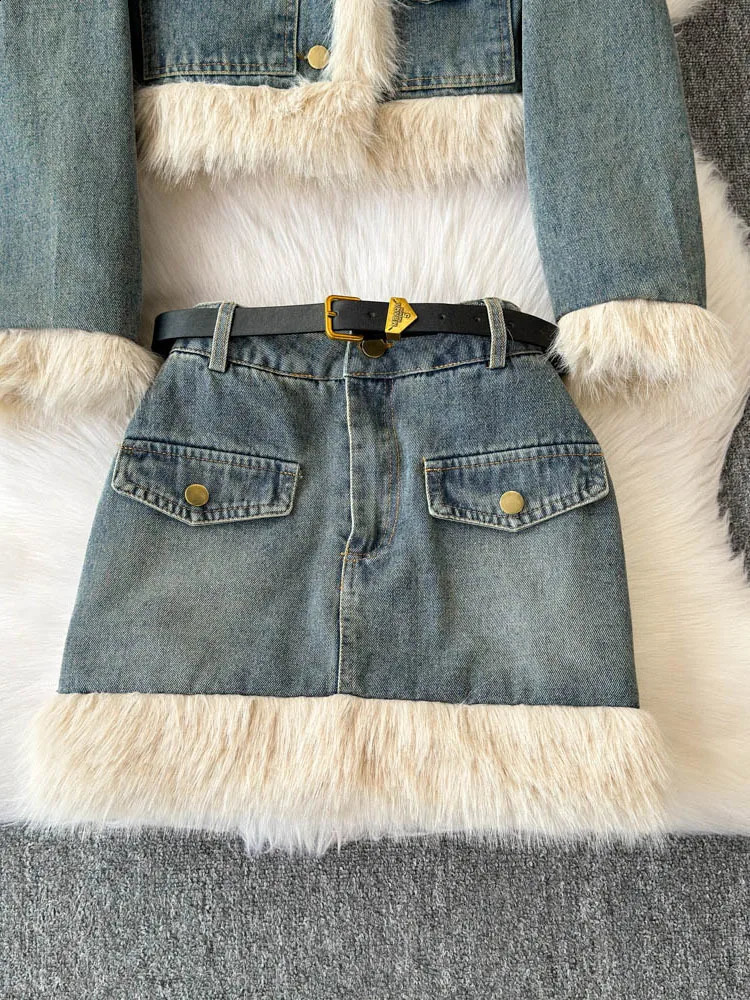 Denim Skirt Sets Women Fur Collar Vintage Jackets Cropped Coat Fashion Pockets Jean Skirt 2 Piece Sets Womens Outifits 250823