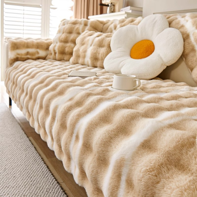 Camellia Rabbit Fur Gradient Color Covers For Sofa, aux Fur Cover, Luxury Soft Faux Fur Fleece Sofa Cover Cover,Non-Slip Cover Protector