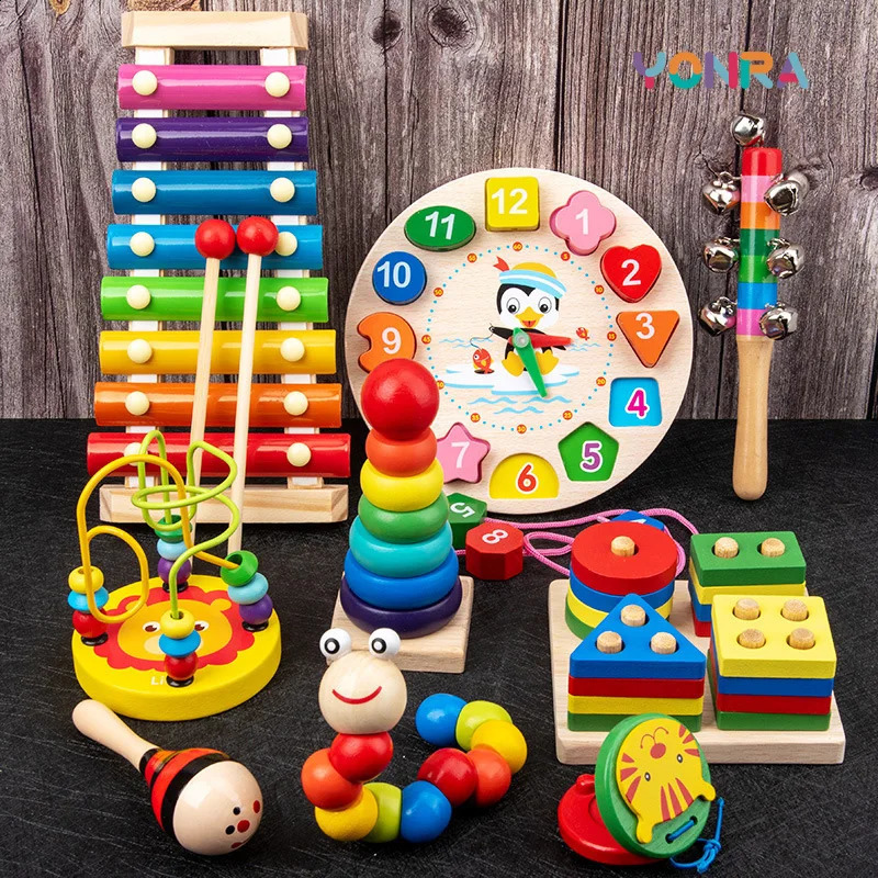 9 in 1 Wooden Montessori Toys Rattle Bell Drum Column Set Musical Instruments Sensory Early Toy Toddler Education 250822