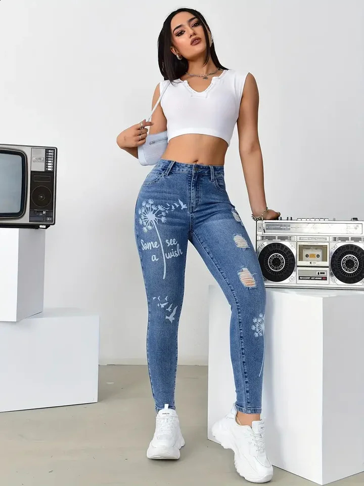 Womens High Waisted Stretch Trousers Slim Fit Jeans Print Flower Pattern Wide Leg Pants For Casual Fashion Outings Clothing Z260313