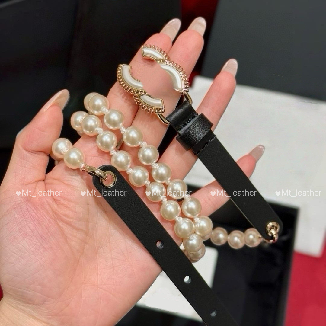 Women Pearl Waist Belt Women Designer Waist Chain Metal letter buckle Width 1.5cm Pair with skirts and evening gowns for daily wear and parties black Leather waist Belt