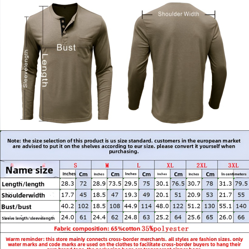 Men's Henley Long Sleeve Shirt, Light Brown Casual Cotton Tee with Chest Pocket