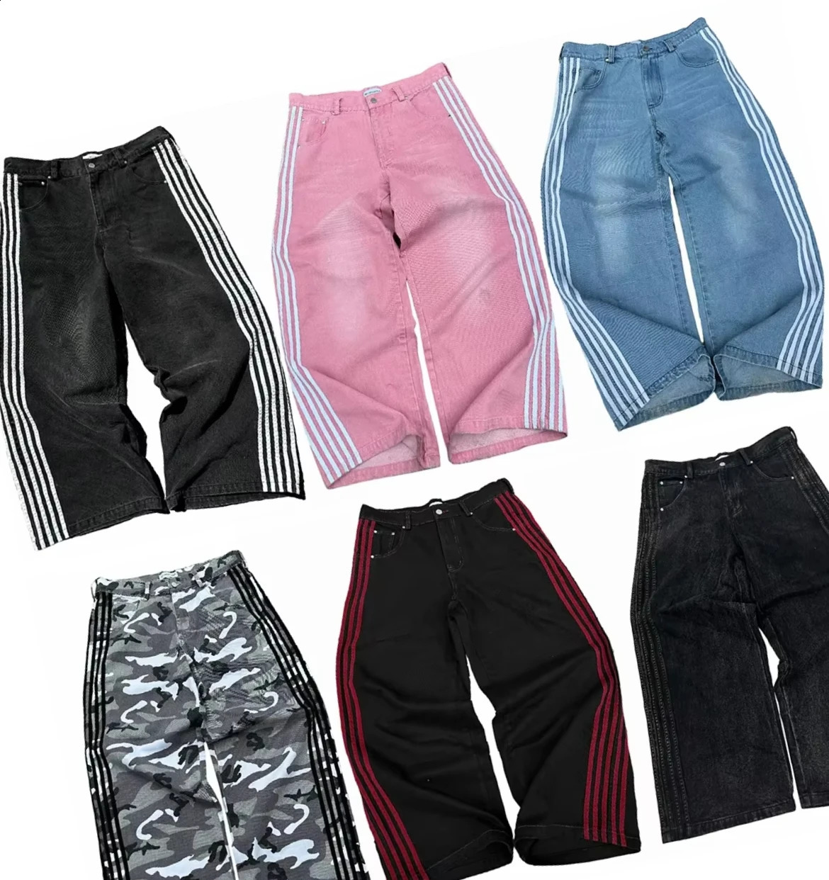 HCW Striped Jeans Y2K Clothes Men Women Harajuku Hip Hop Letter Embroidery Retro Baggy Jeans Black Pants Wide Leg Pants Trousers 250823