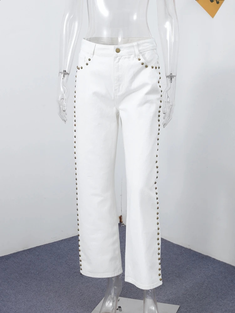 Trendy Womens White Denim Jeans High Waist Straight Leg Baggy Pant With Gold Bead Studs Female Casual Chic Streetwear Trousers Z260313
