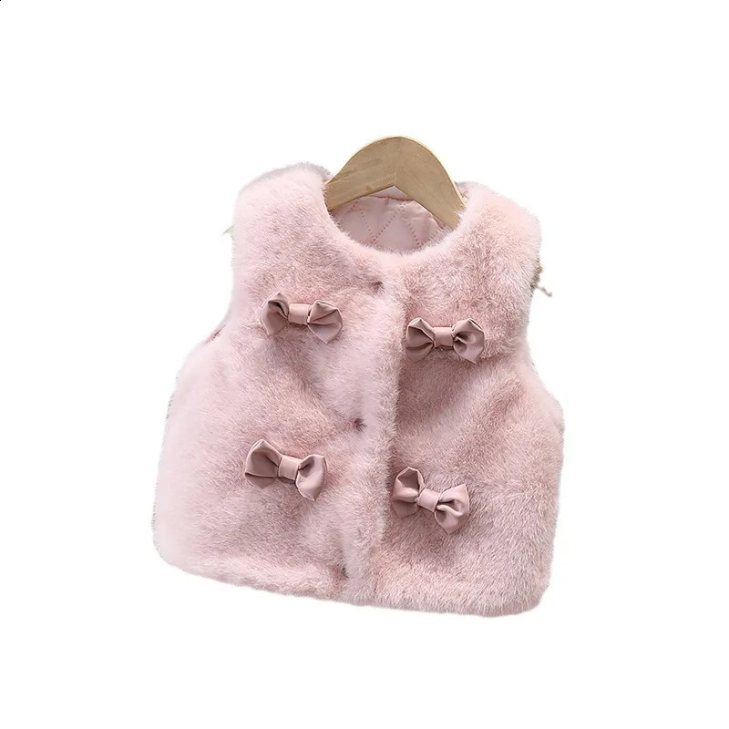 Girls Faux Fur Vest Autumn Winter Fashionable Bow Waistcoat Jackets Children Clothing Sweet Cotton Coats 2-12 Years 250823