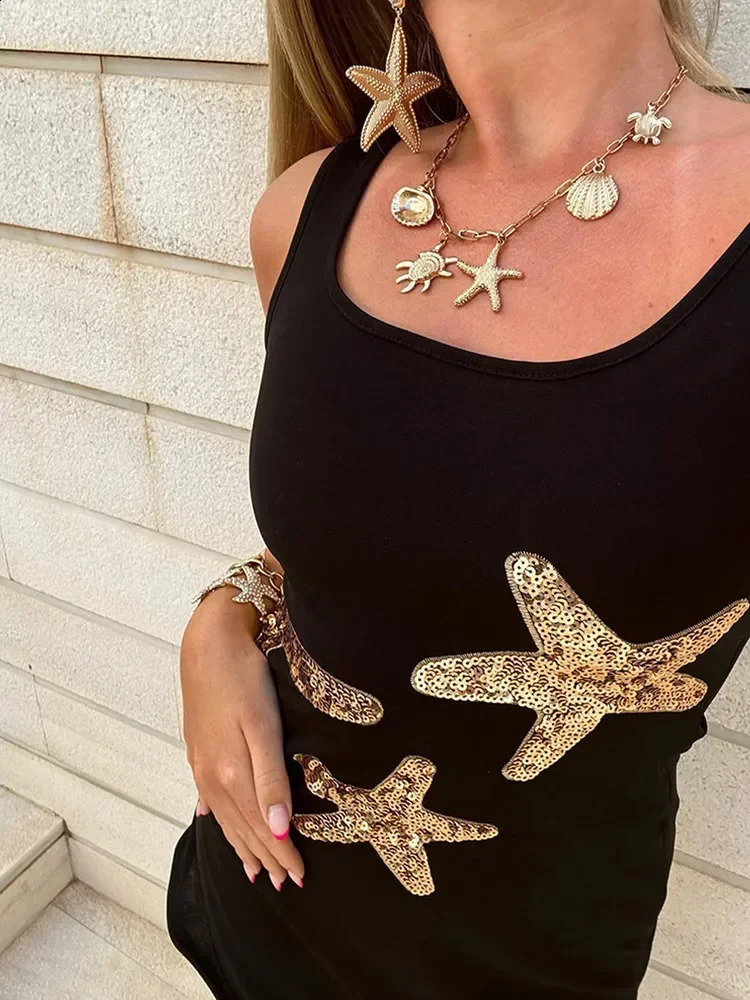 Fashion Square Neck Sequin Starfish Printing Slimming Dresses Women Sexy Sleeveless High Waist Dresses Summer Beach Dresses 250823