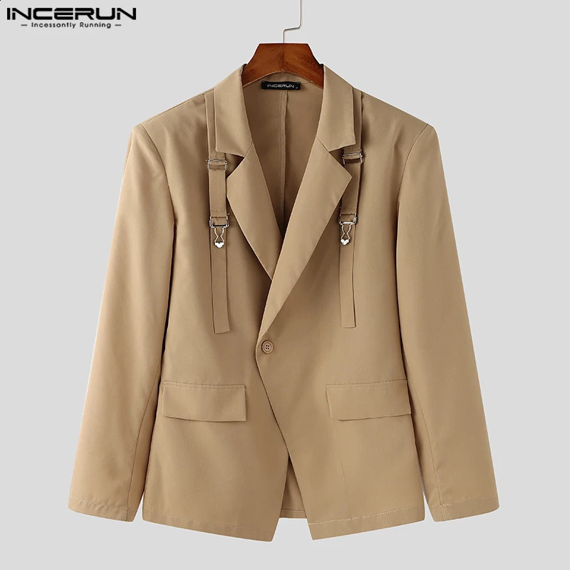 INCERUN Tops 2025 American Style Fashion Men Deconstruct Metal Buckle Suit Coat Casual Streetwear Male Solid Long Sleeved Blazer 250823