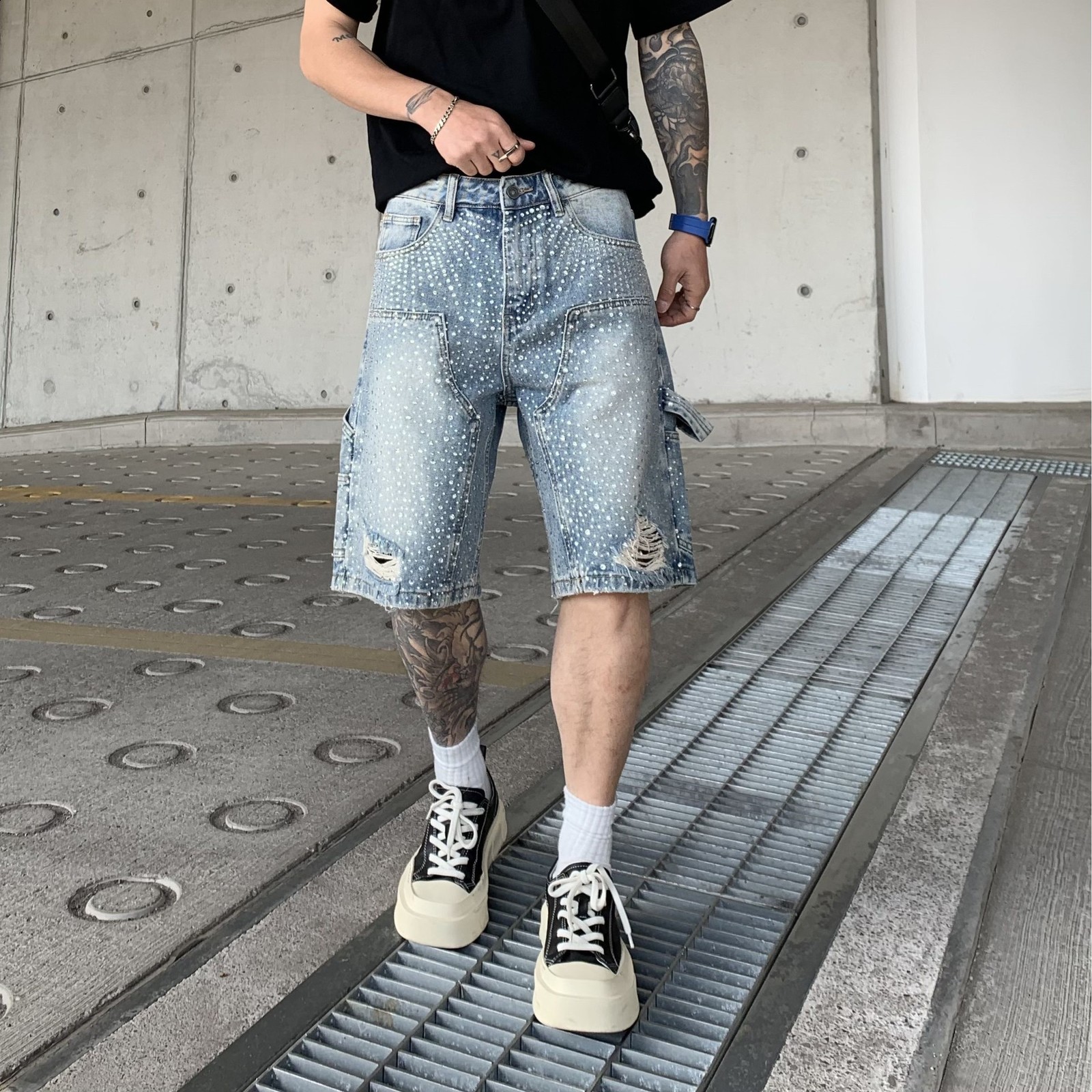 Peerage Y2k vintage rhinestone wash wide leg bag long Jorts mens streetwear excessive wear black gray loose denim jeans shorts 250109