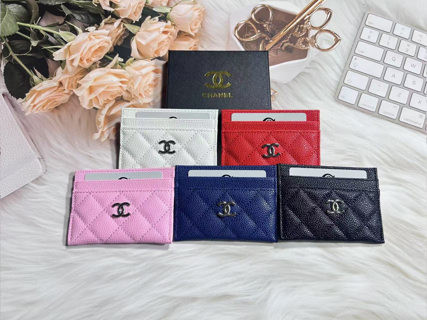 Top 10A Luxury Designer Caviar Card Holder genuine leather Purse 2c Womens Mens channelwallet ID Case Pocket Key Credit Cards Wallet Bag Travel Bus Holders with box
