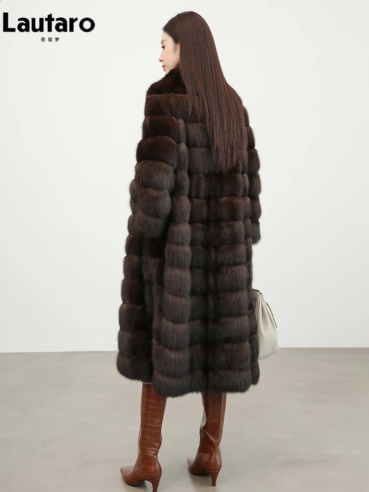 Lautaro Autumn Winter Elegant Chic Long Thick Warm Faux Sable Fur Coat Women Shawl Collar High Quality Fluffy Overcoat 250823