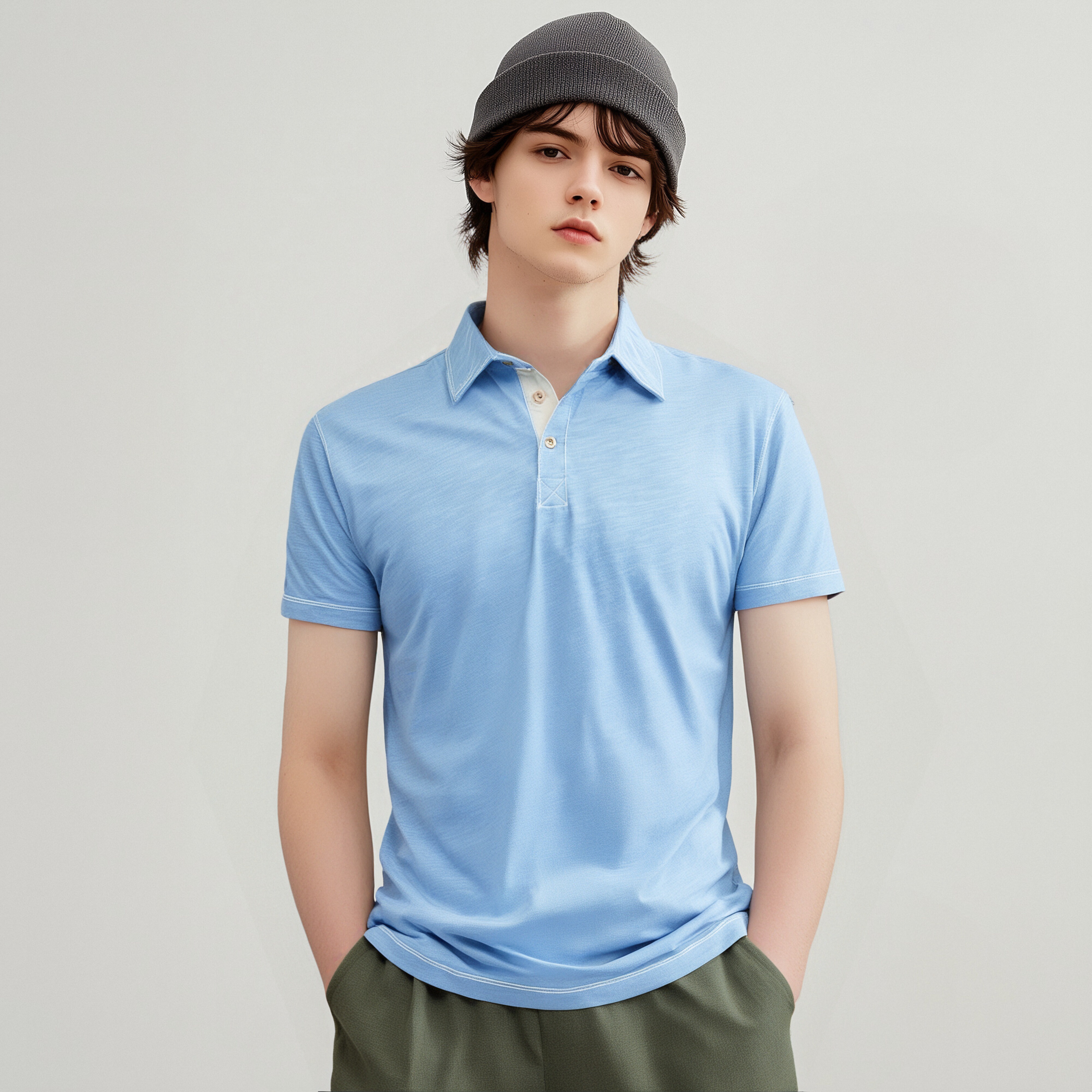 Men's Short - Sleeve Polo Shirt, Light Blue Regular Fit with Button - Down Collar for Casual Wear