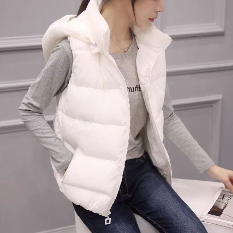 Down cotton vest womens autumn and winter new style chest badge short Korean version loose vest jacket with vest shoulder and Hooded collar