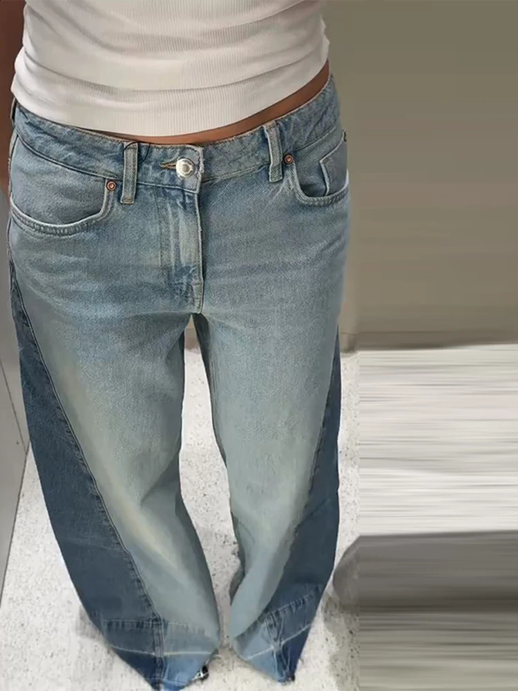 Vintage Contrast Patchwork Women Denim Pants Baggy Wide Leg Straight Jeans Trousers Casual Elegant High Strt Z260313