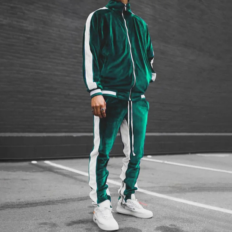 2025 Cross Border Mens Velvet Tracksuit Solid Color Contrast Trim Retro Casual Jacket Set 250822