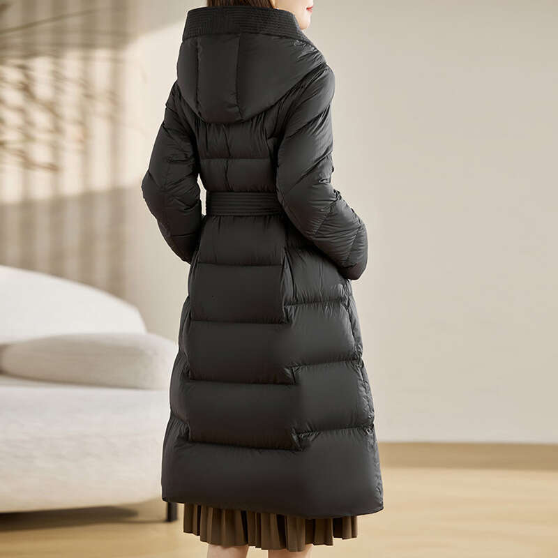 Over-the-Knee White Duck Down Jacket for Women, Long High-End Winter New Fashion Slim Waist Tie Slimming Warm Coat Trendy