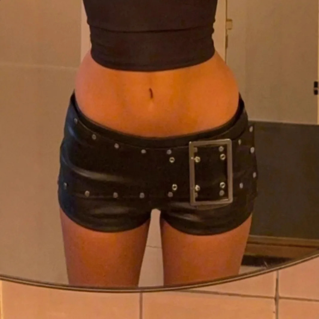 Sexy Rivet Buckle Belt Low Waist Leather Shorts for Women Y2k Spice Girl Punk Style Autumn 2025 250823