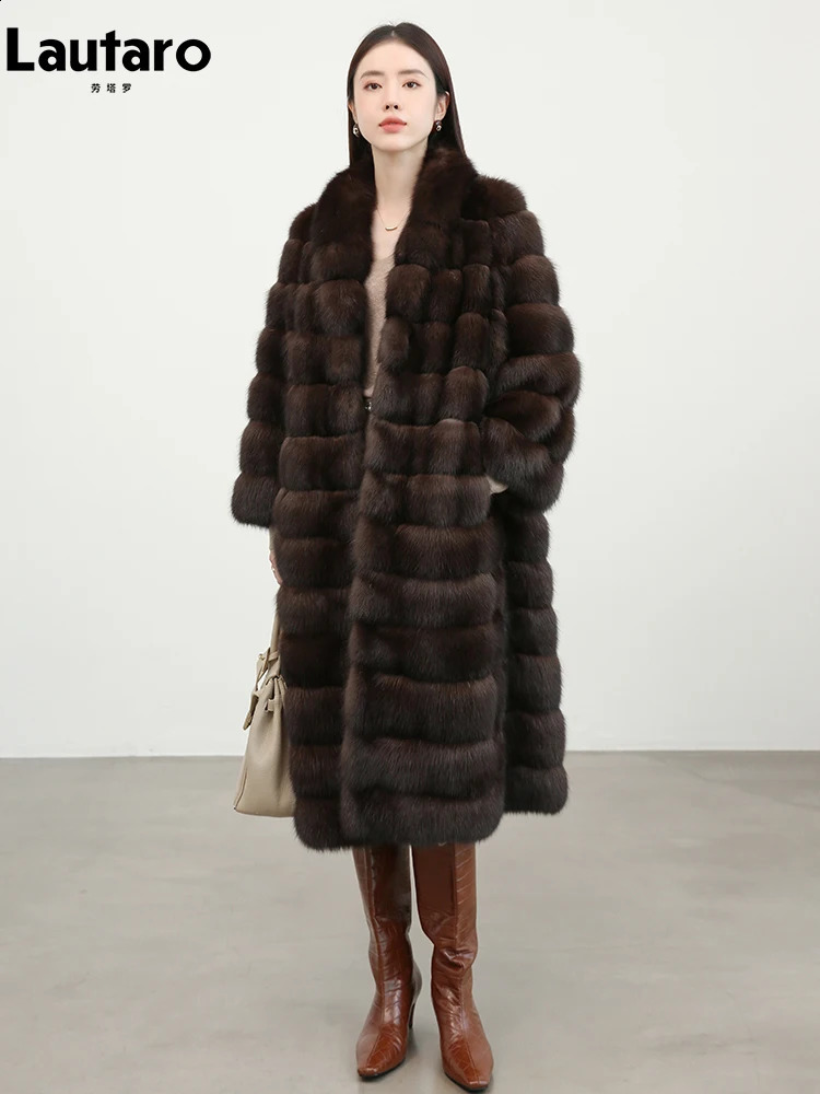 Lautaro Autumn Winter Elegant Chic Long Thick Warm Faux Sable Fur Coat Women Shawl Collar High Quality Fluffy Overcoat 250823