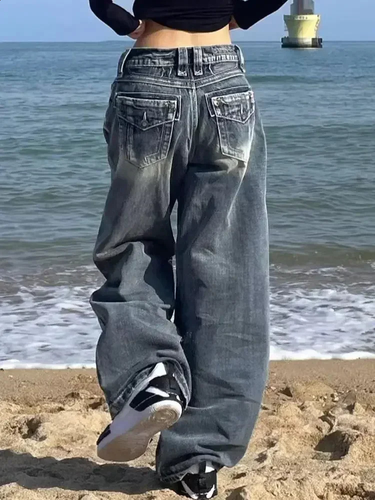 HOUZHOU Vintage Y2k Blue Jeans Women Baggy Washed Wide Leg Female Streetwear Harajuku Korean Fashion Denim Trousers Grunge Z260313