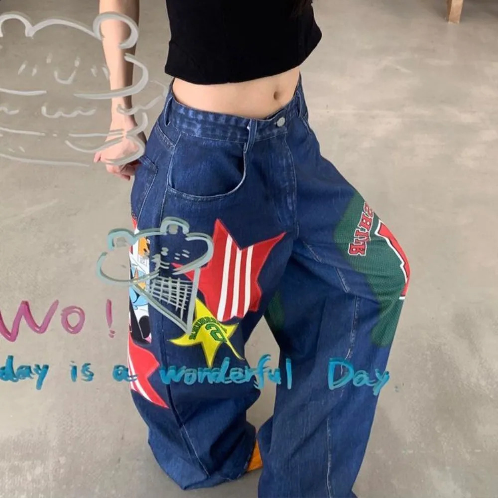 High Street Y2k Jeans Star Letter Print Floor Mopping Wide Leg Baggy Jeans Men and Women Hip Hop Gothic Fashion Trend Streetwear 250823