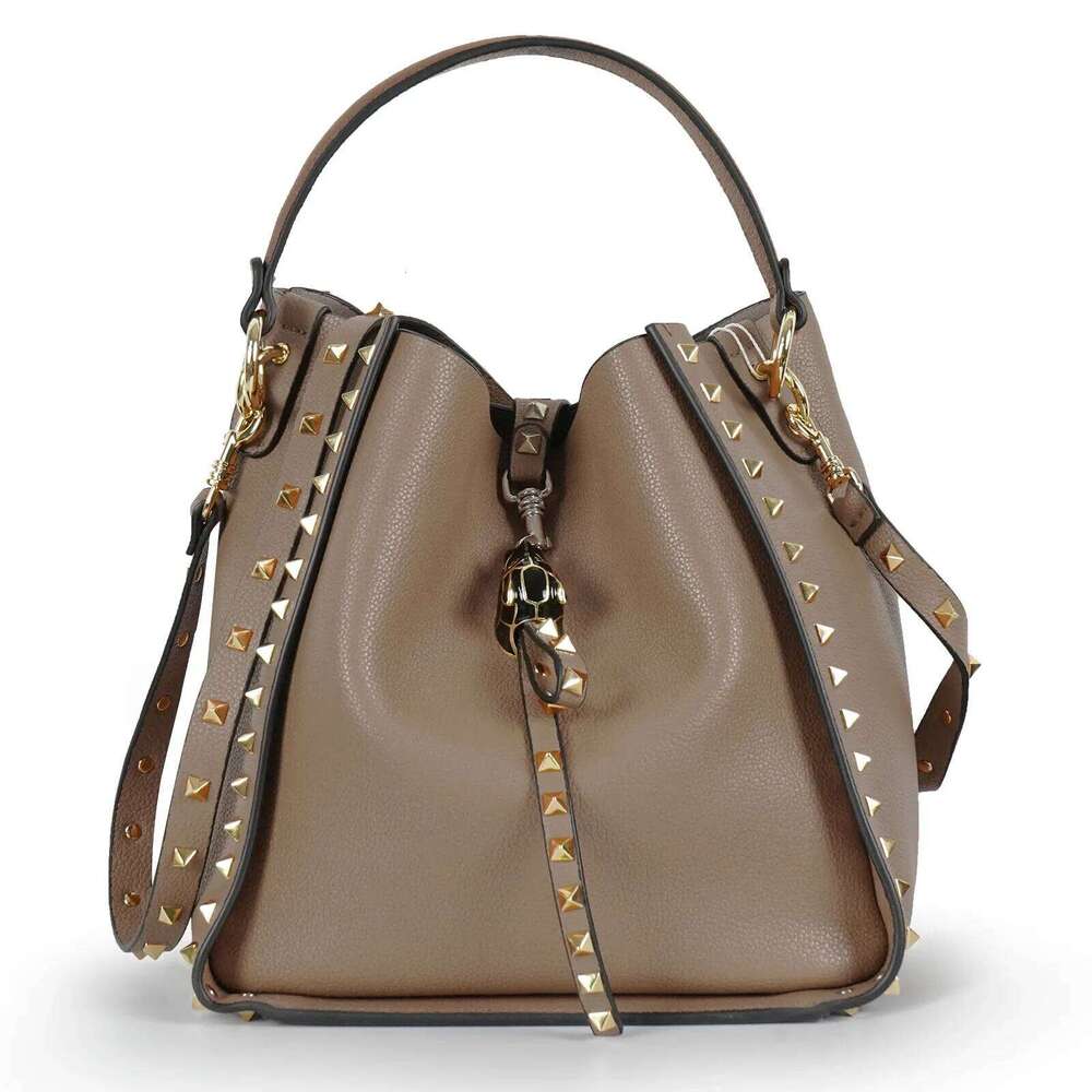 2024 Spring New Women's Fashion Bucket Cropped Studs Genuine Handbag Versatile Soft Cow Leather Crossbody Bag